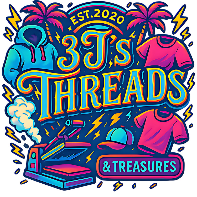 3J's Threads & Treasures bold colorful logo