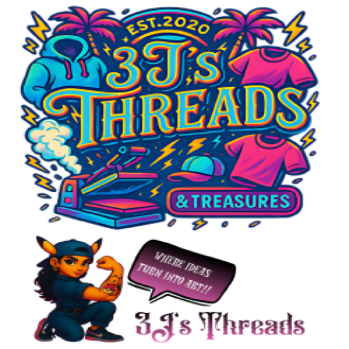 Colorful digital illustration for 3J’s Threads & Treasures featuring palm trees, hoodies, t-shirts, and a heat press machine with the slogan “Where Ideas Turn Into Art!” on a checkered background. Includes a flexing cartoon character in a cap and vibrant neon text.