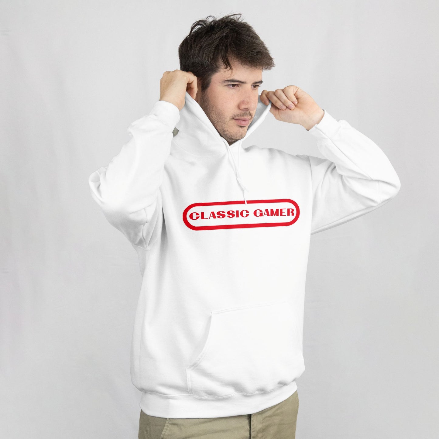 Person wearing a white hoodie with 'Classic Gamer' text on a light gray background