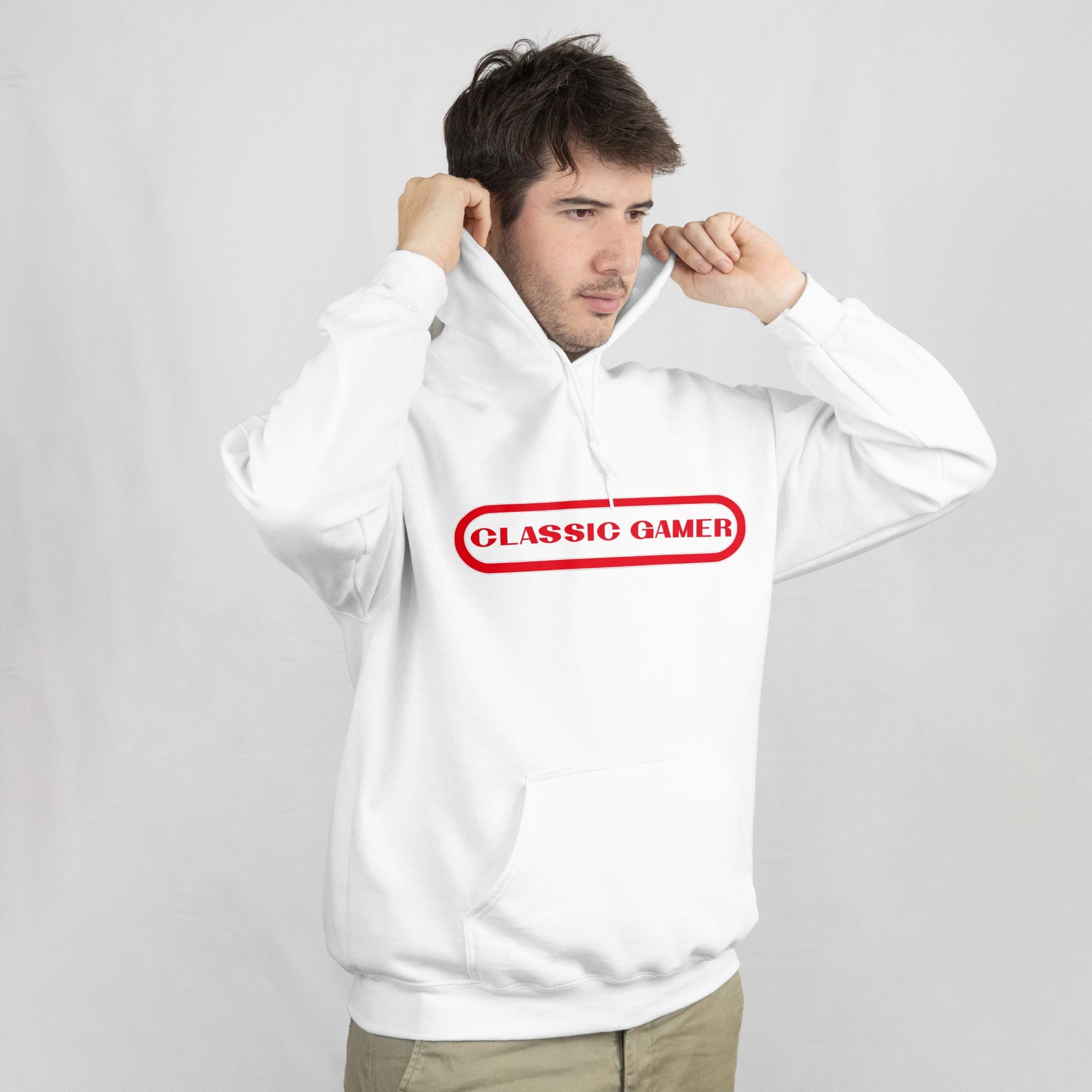 Person wearing a white hoodie with 'Classic Gamer' text on a light gray background