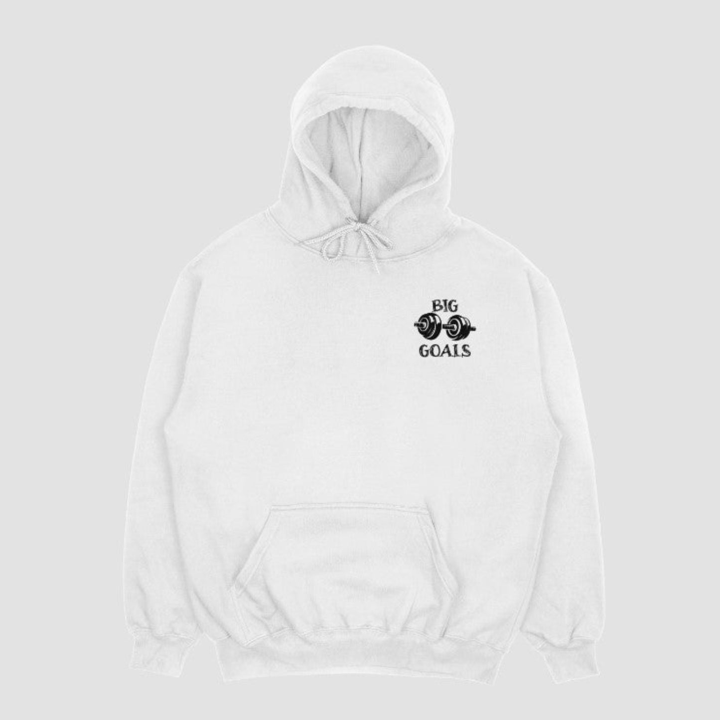 Front of white hoodie with minimalist chest branding