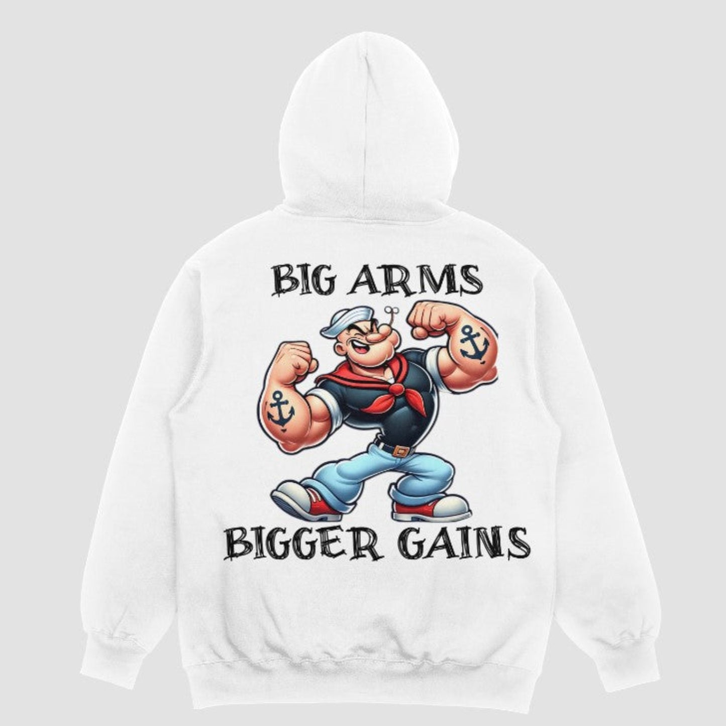 Back of white hoodie showing bold Popeye graphic in full color