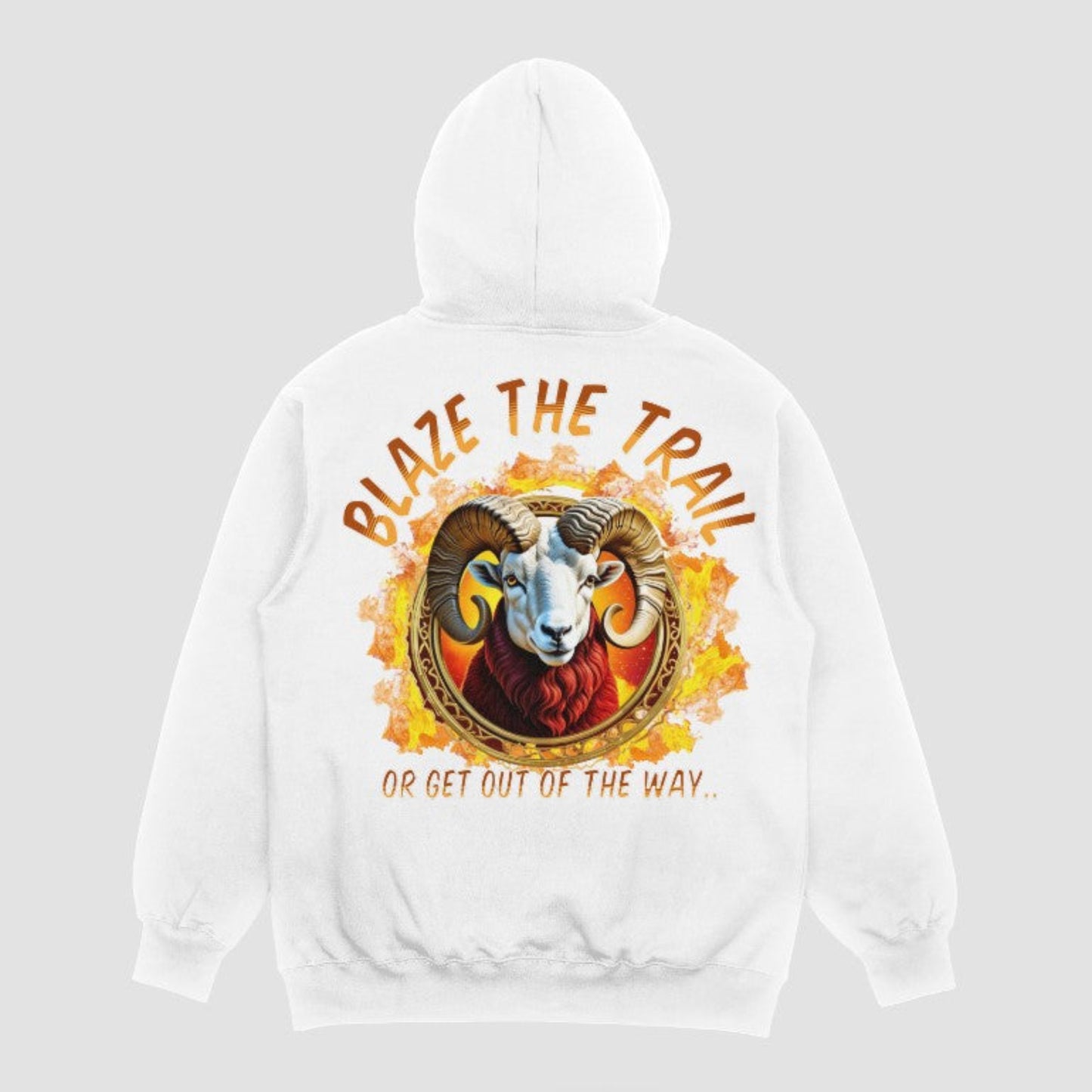 White hoodie with large zodiac Aries graphic and motivational quote on back