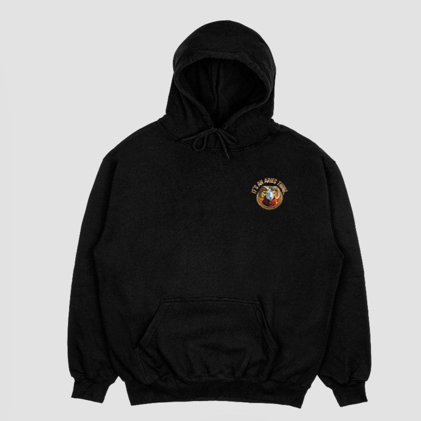 Front of black Aries zodiac hoodie with small custom graphic on chest