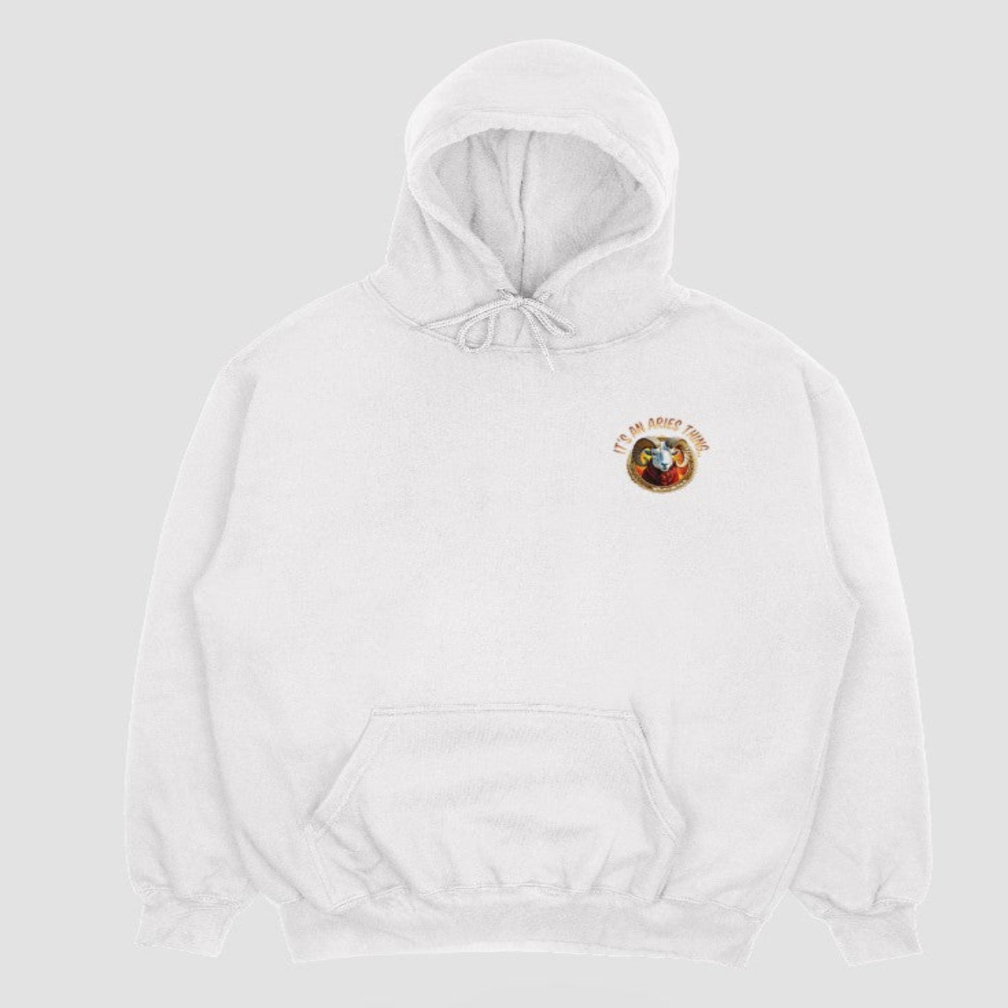 Front of white hoodie with subtle chest zodiac emblem