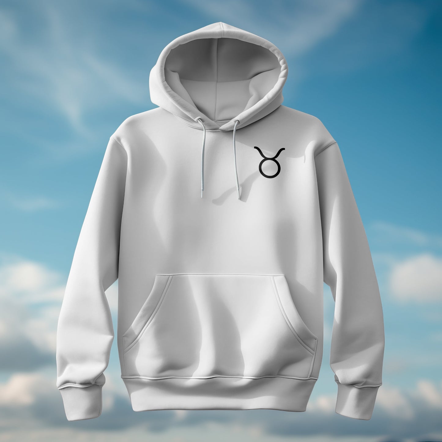 Front of white hoodie with clean Taurus zodiac symbol