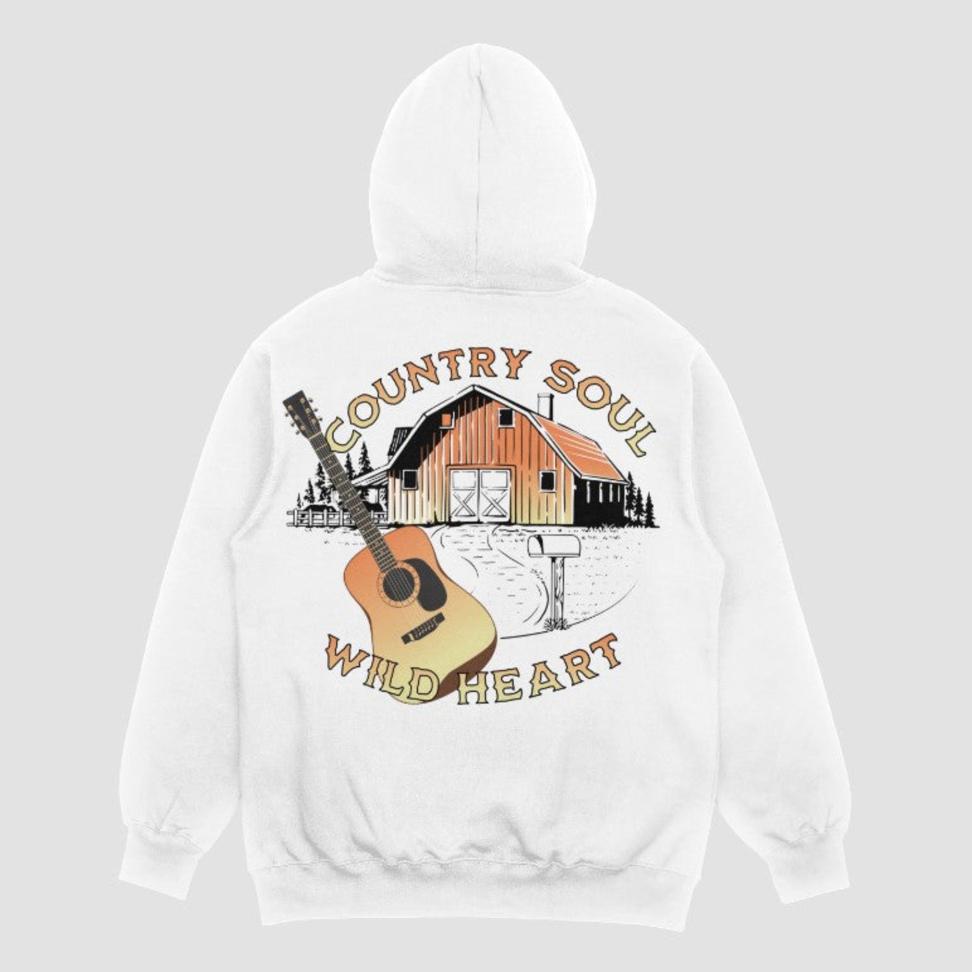White hoodie with western graphic featuring barn, guitar, and “Country Soul & Wild Heart” text