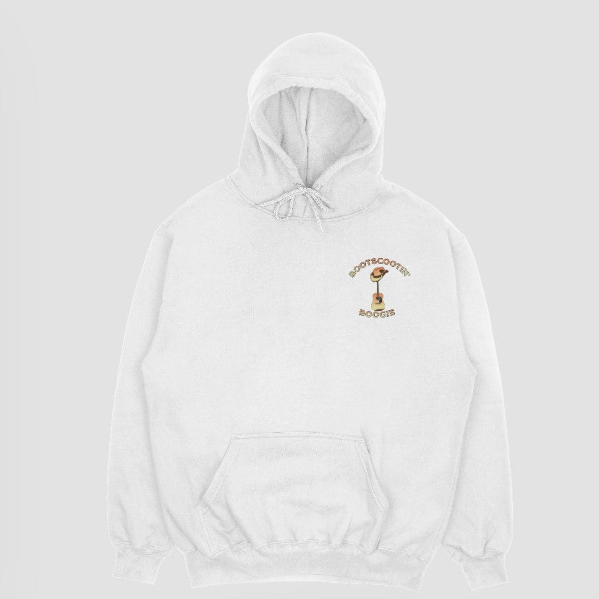 Front of hoodie with small country barn and guitar chest design