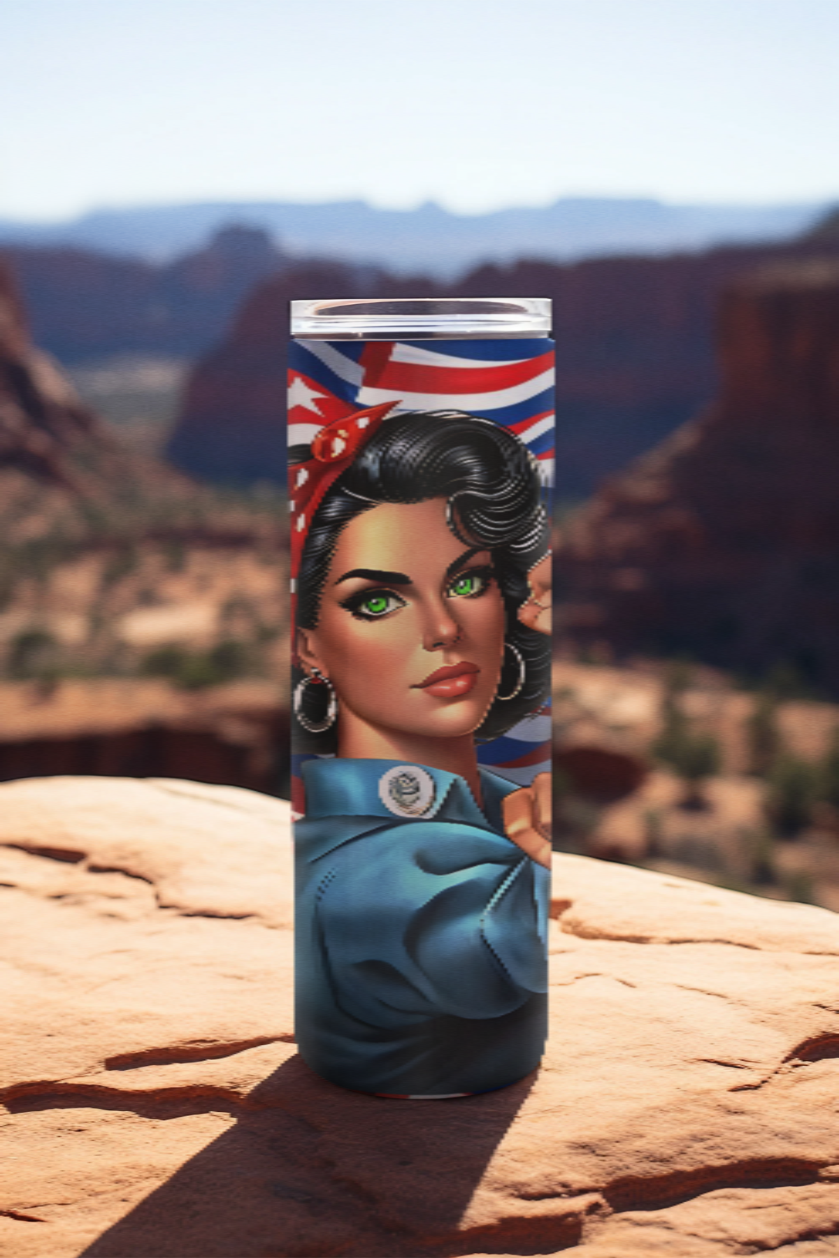 Custom Cuban-inspired 20oz stainless steel tumbler featuring “Maria La Valiente” design with a strong Latina character in a red bandana, placed on a scenic outdoor background.