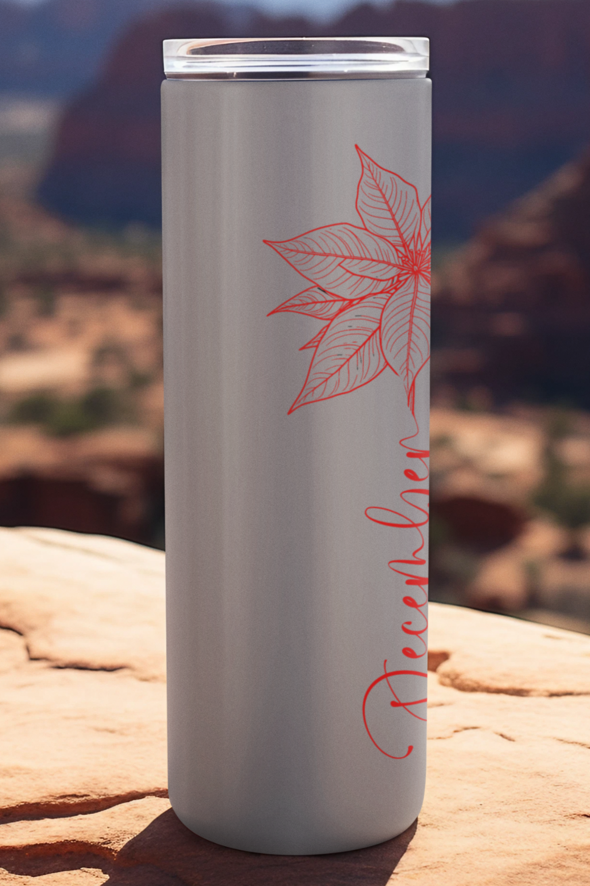 Stainless steel skinny tumbler with floral illustration – side angle