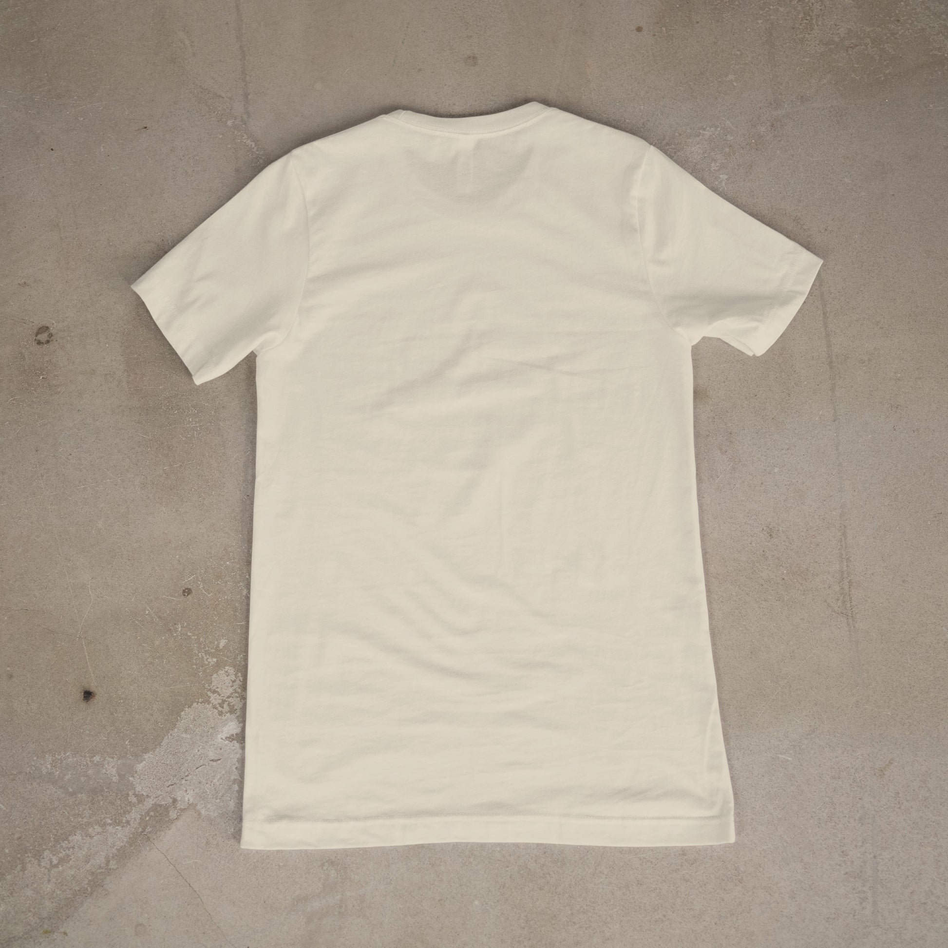 Back view of a heathered oatmeal women’s t-shirt laid flat on a concrete background, showing the texture and length of the shirt.