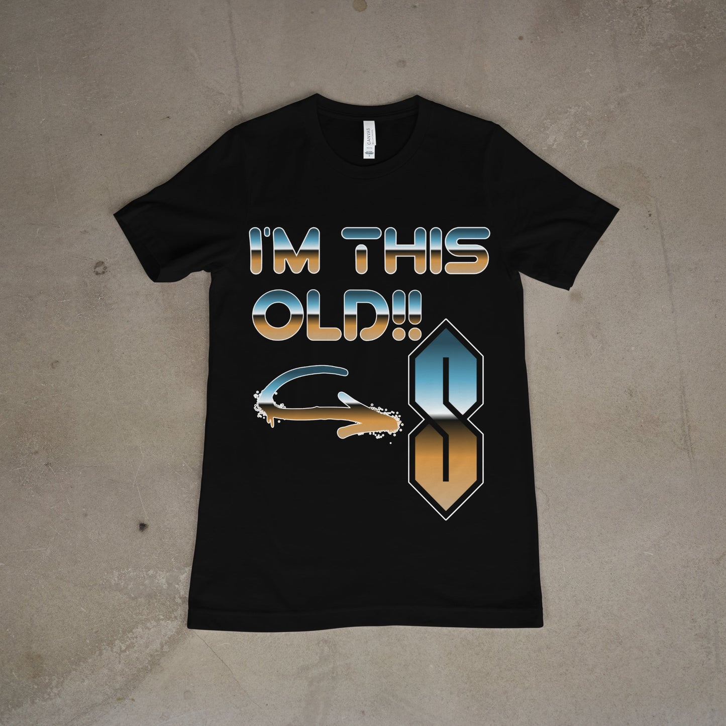 Black unisex t-shirt with retro-style “I’m This Old!” graphic featuring blue and orange marker illustrations, inspired by 90s nostalgia and childhood doodles.