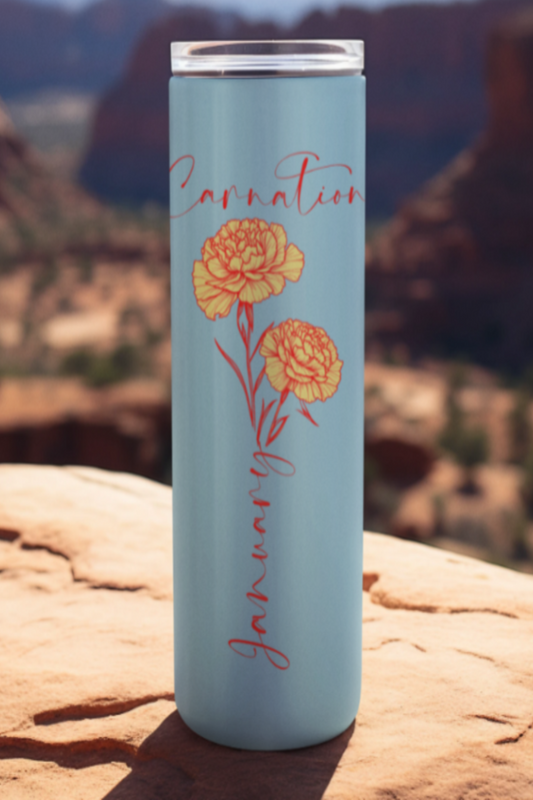 “January flower tumbler with carnation design on scenic rocky background”