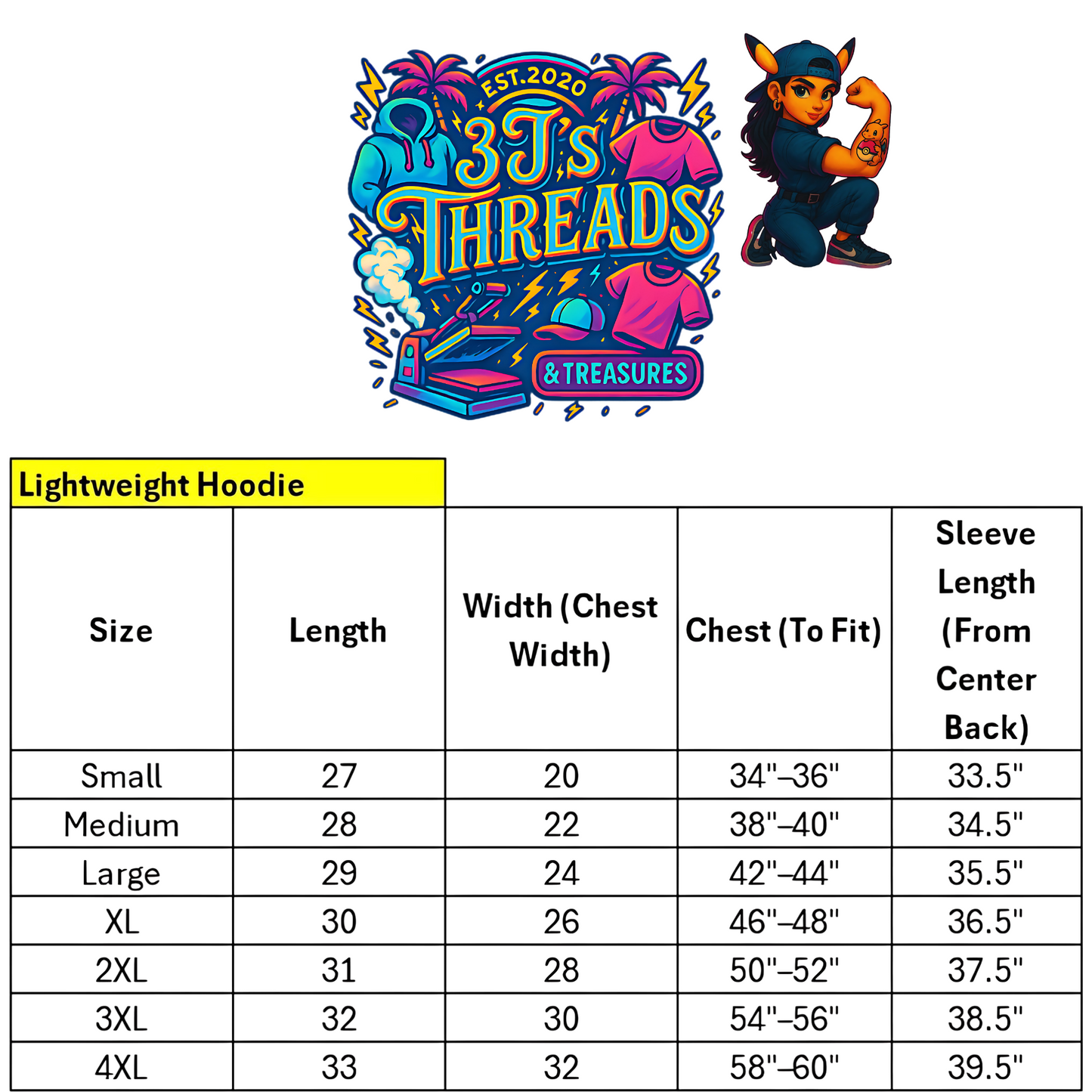 3Js Threads & Treasures lightweight hoodie size chart with brand logo and cartoon character. Includes measurements for sizes Small to 4XL in length, chest width, chest to fit, and sleeve length.