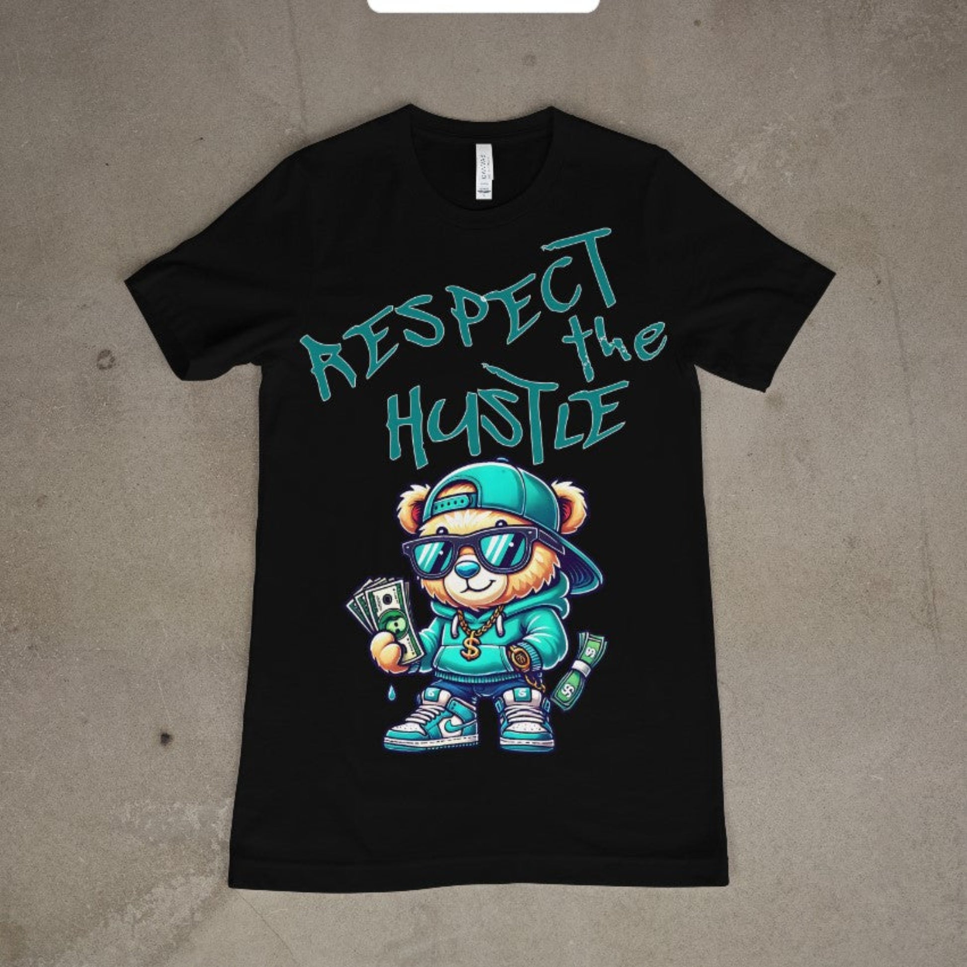 “Black Respect the Hustle t-shirt with custom cartoon graphic”