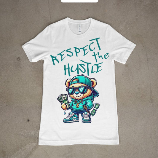 “White Respect the Hustle tee with cartoon bear graphic on concrete background”
