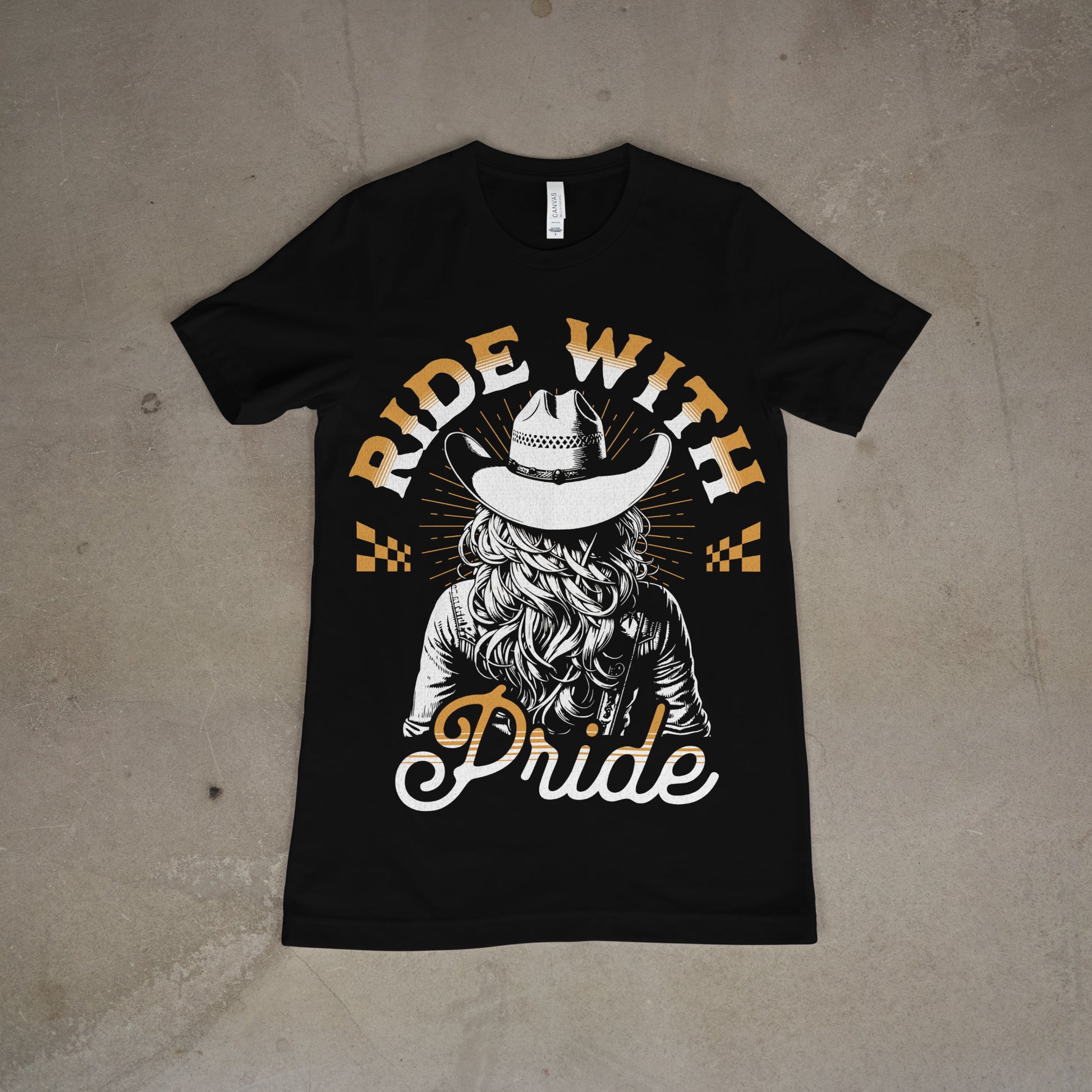 Black tee with bold western-style “Ride with Pride” cowgirl design