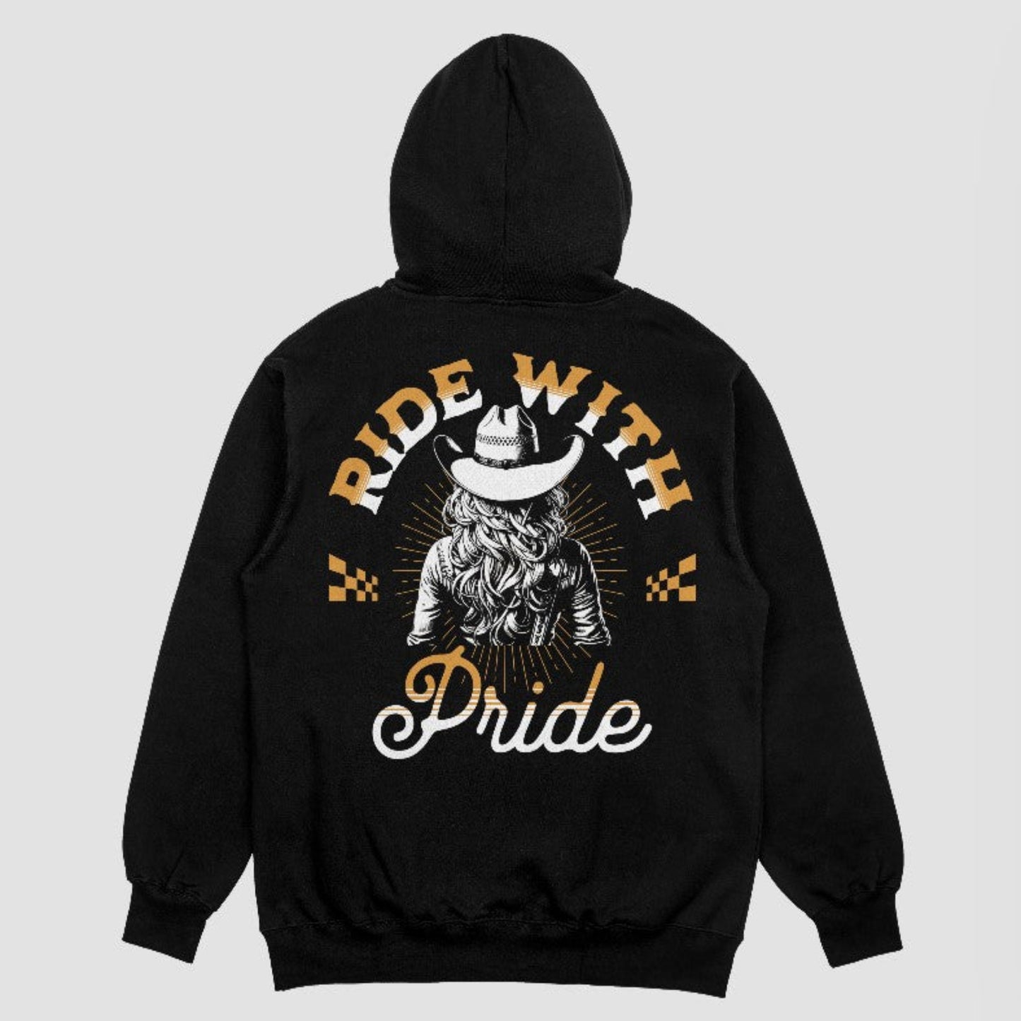 "Ride With Pride hoodie – front graphic view featuring cowboy skull and stars on black cotton pullover"