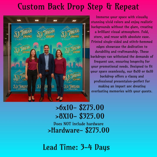 Large 8x10 custom printed step and repeat fabric backdrop with Miami-themed graphics and 3J’s Threads & Treasures logos. Designed for promotional photo ops with vivid colors and optional hardware.