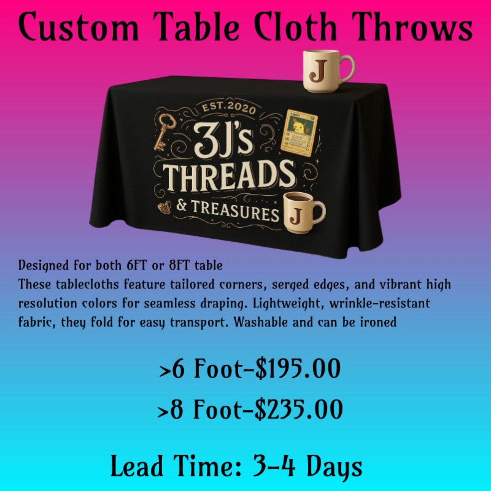 Black custom table throw for 6ft or 8ft tables featuring 3J’s Threads & Treasures logo, coffee mug, and vintage items. High-resolution printed, wrinkle-resistant fabric with serged edges and tailored corners.