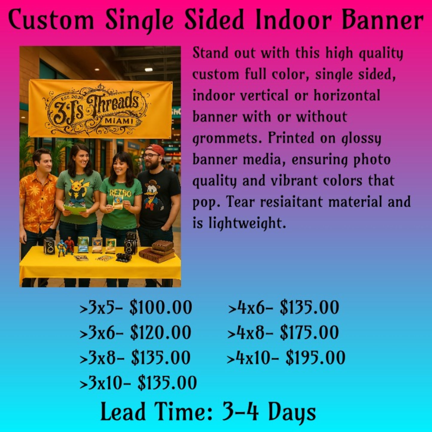 Custom single-sided indoor vinyl banner with pricing chart and glossy finish info