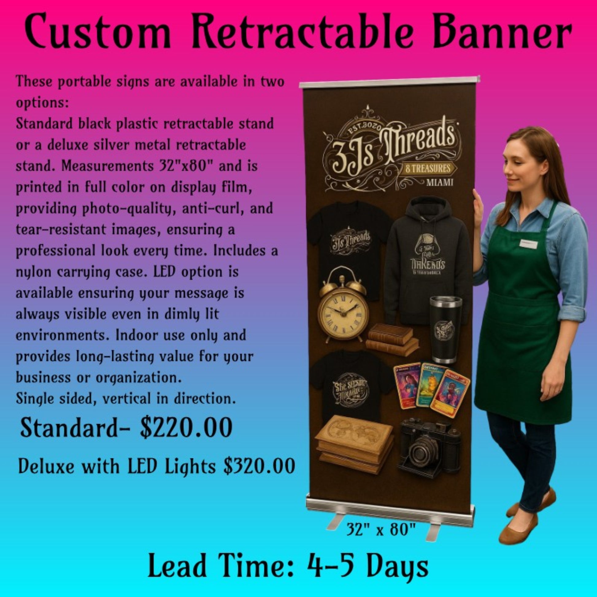 32x80 inch custom retractable banner featuring 3J’s Threads & Treasures products and branding. Display includes a model beside a deluxe stand option with LED lights. Ideal for trade shows and indoor events.
