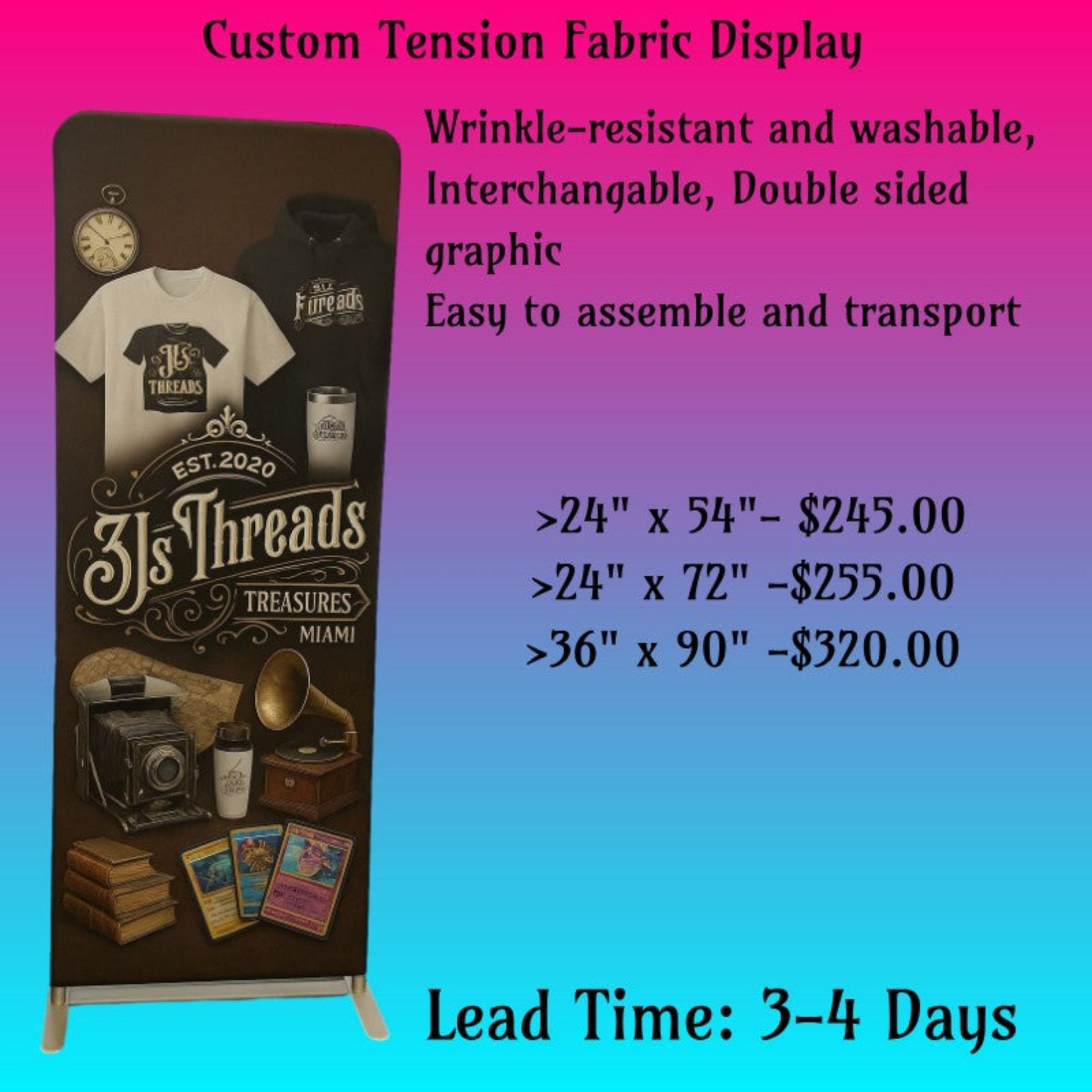 Custom tension fabric display stand featuring 3Js Threads & Treasures branding. Double-sided graphic, washable, wrinkle-resistant, with prices for 24x54, 24x72, and 36x90 sizes.