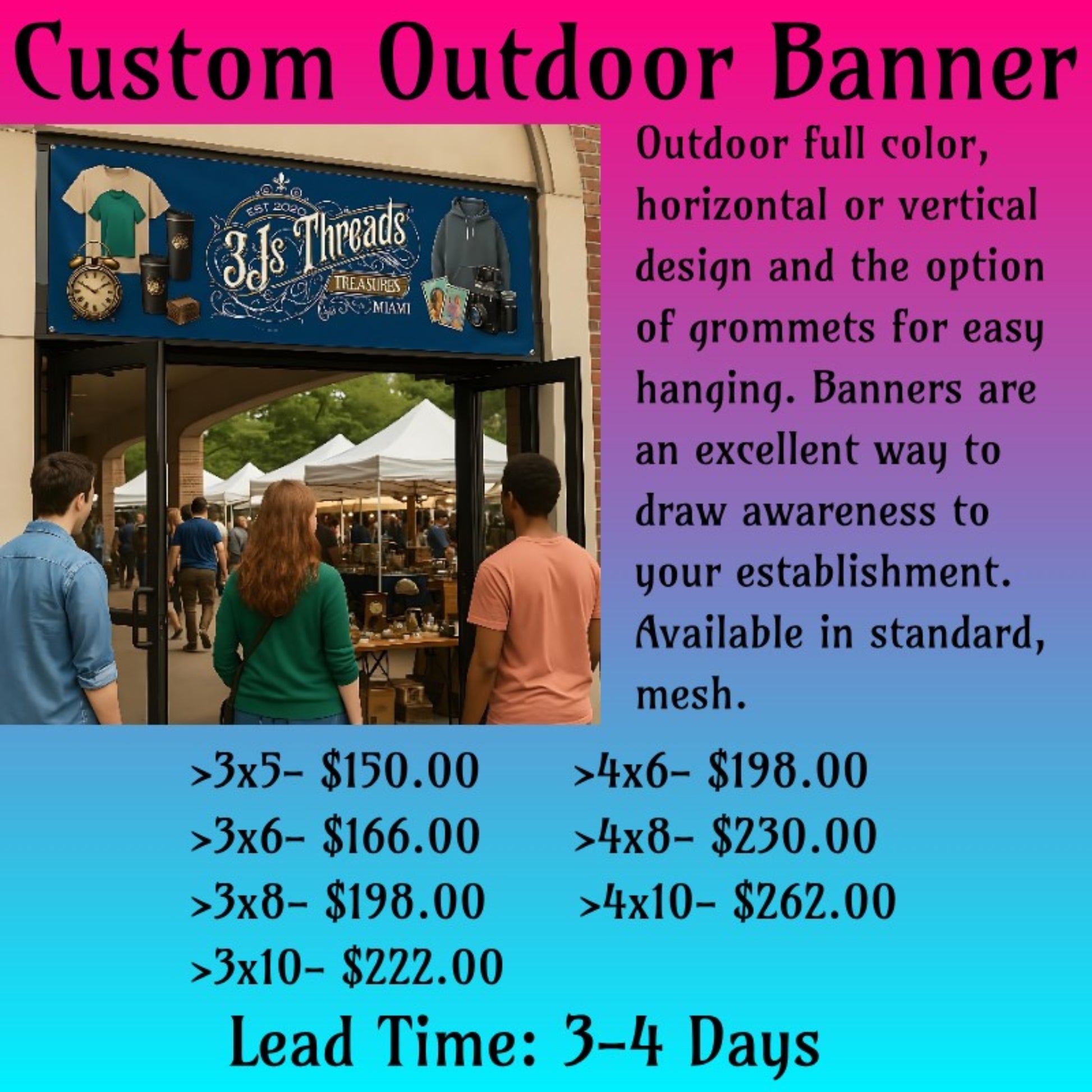 Custom outdoor vinyl banner displayed at vendor market with price chart and sizes