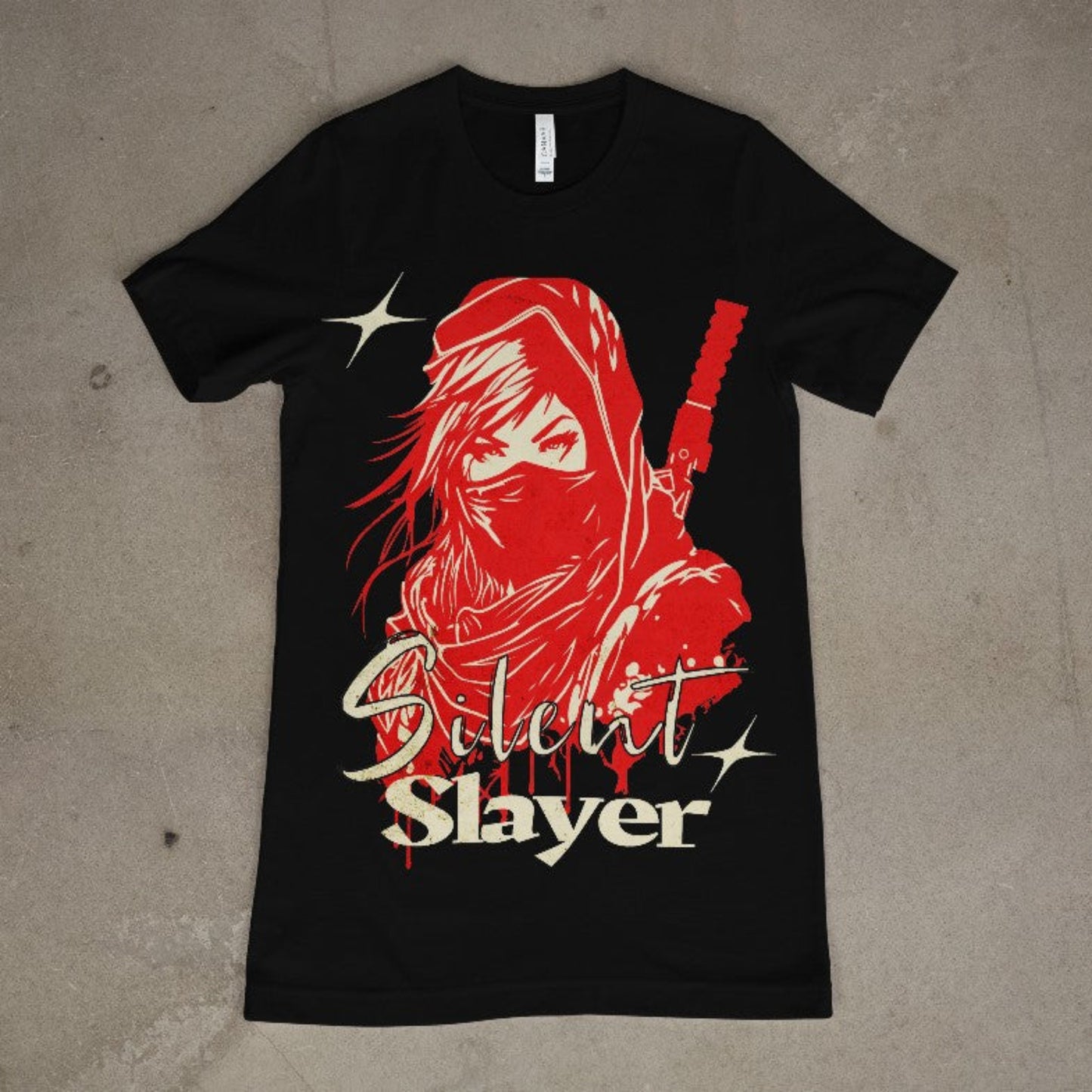Front of Silent Slayer anime graphic tee with red ninja-style design on black cotton shirt
