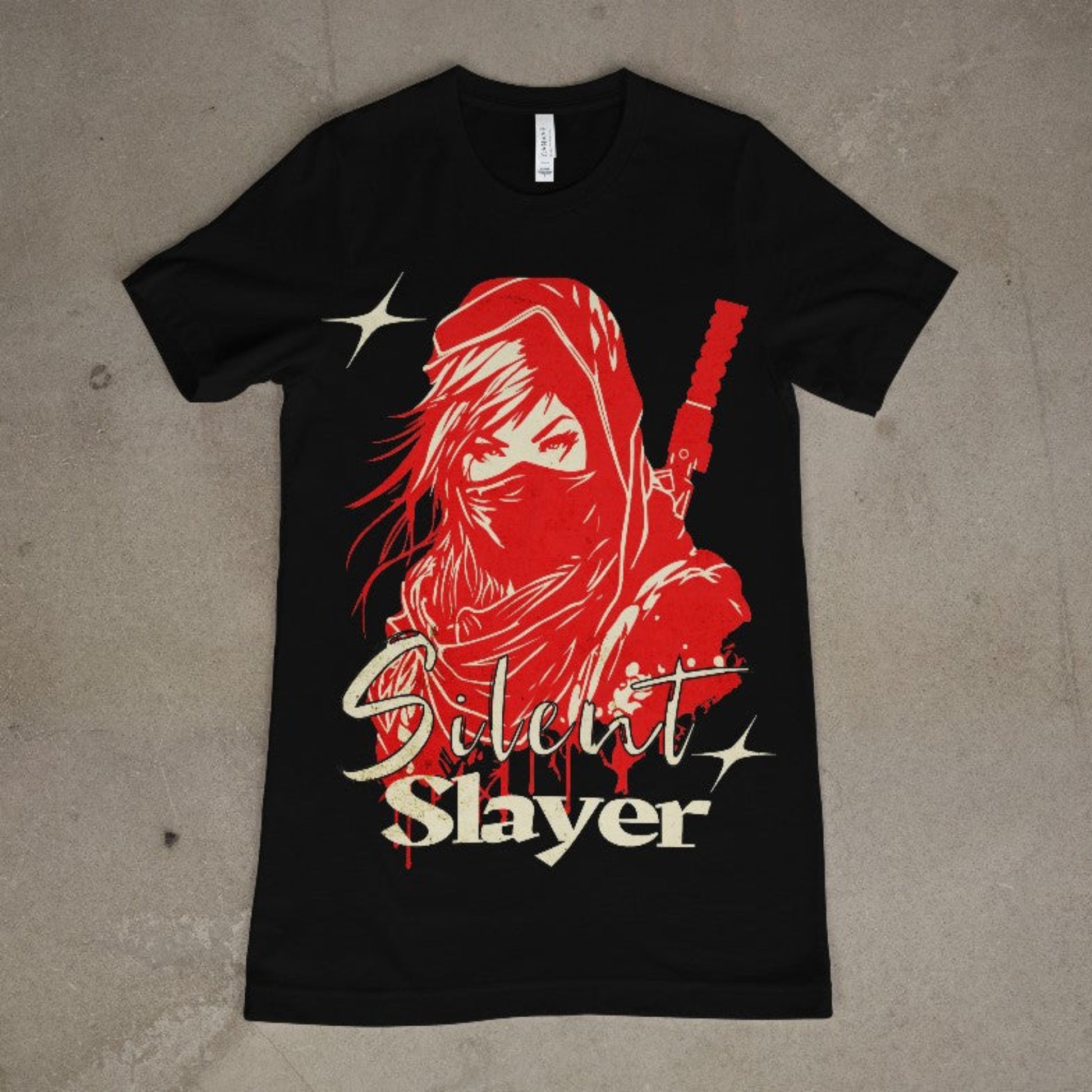 Front of Silent Slayer anime graphic tee with red ninja-style design on black cotton shirt