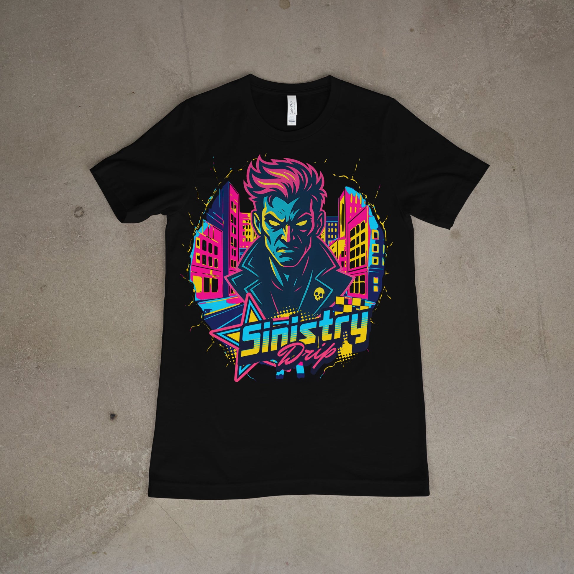 Black unisex t-shirt featuring a neon cyberpunk-style illustration of the character Sinistry with vibrant pink, yellow, and teal cityscape design and bold “Sinistry Drip” text in retro comic font.