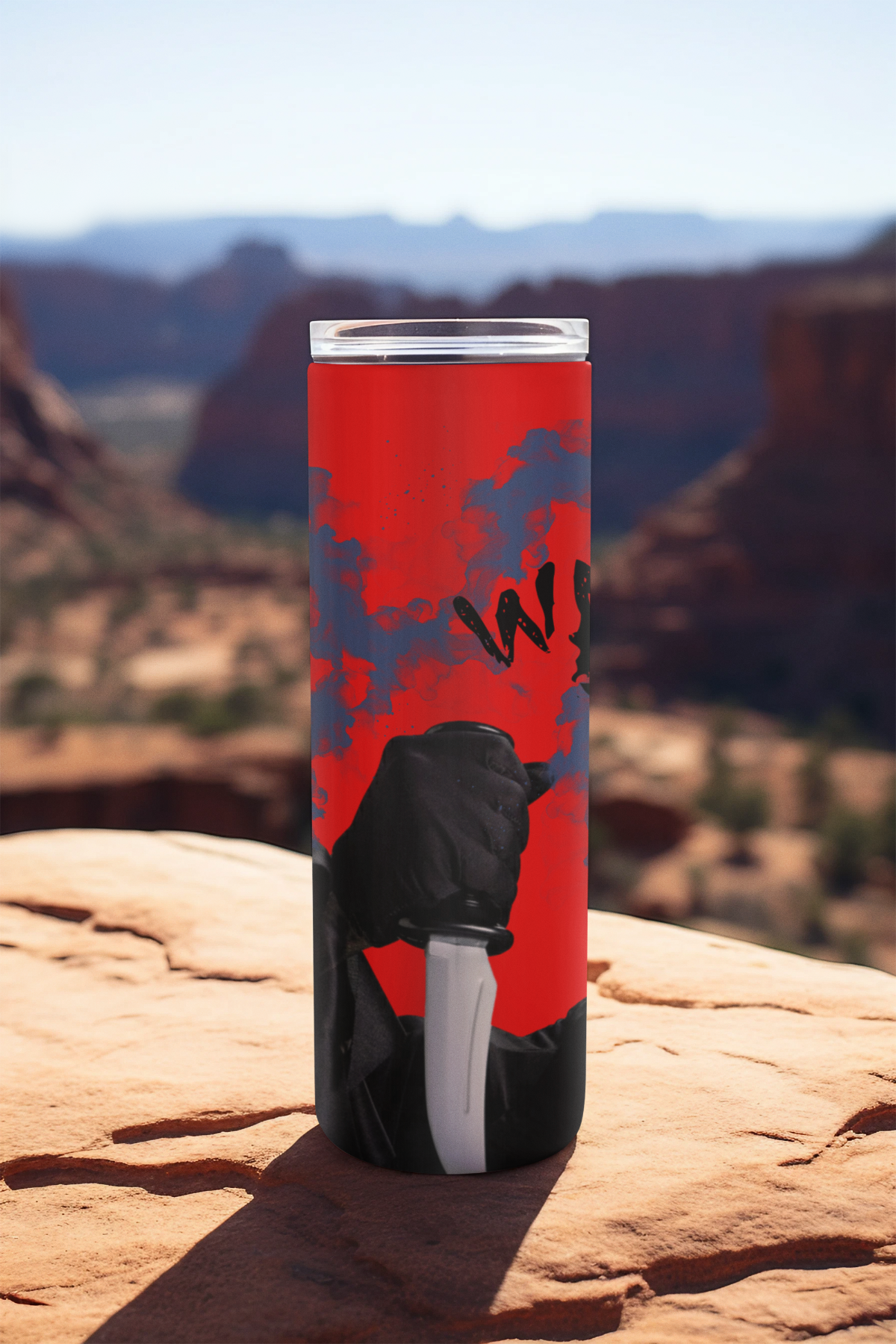 “Side view of red horror comedy tumbler with funny Ghostface design”