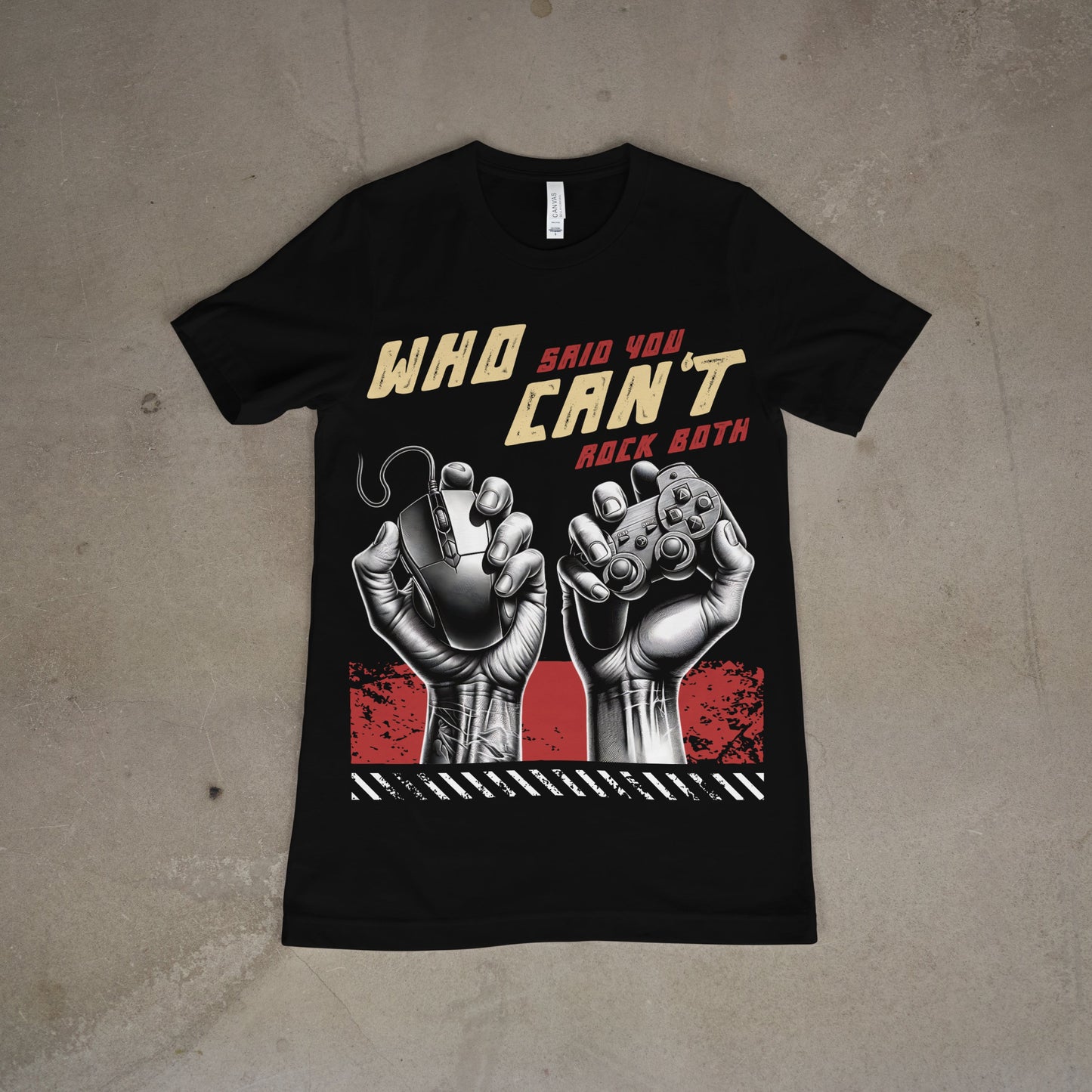 Retro gaming tee featuring two characters with bold “Who Can’t Rock Both” print – front view