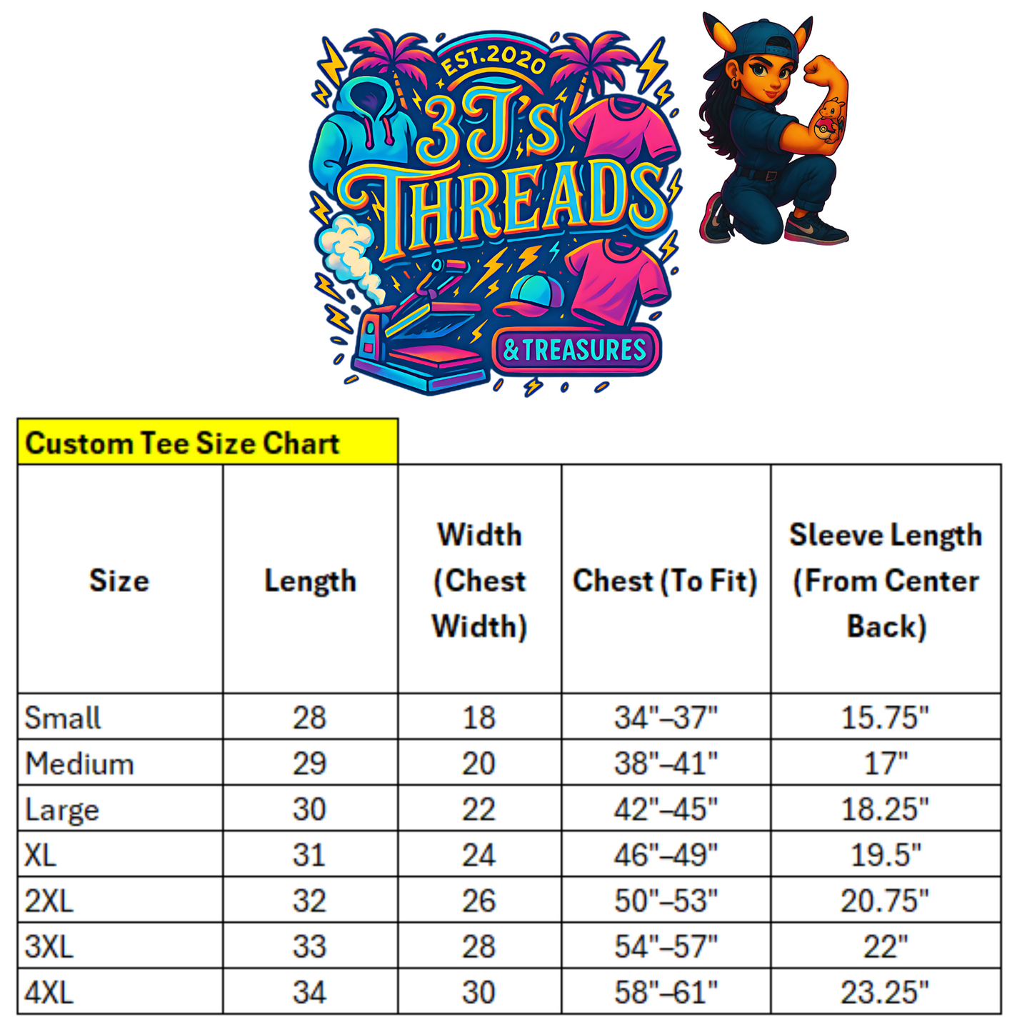 "Custom tee size chart with 3J’s Threads & Treasures logo and illustrated character. Chart includes sizes Small to 4XL with measurements for length, chest width, chest to fit, and sleeve length from center back."