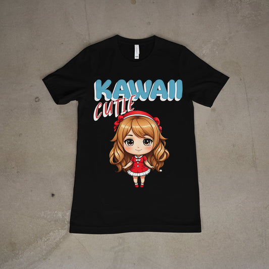 Black, women's graphic t-shirt featuring bold pastel text that says "Kawaii Cutie" in blue, pink, and white, laid flat on a concrete background.