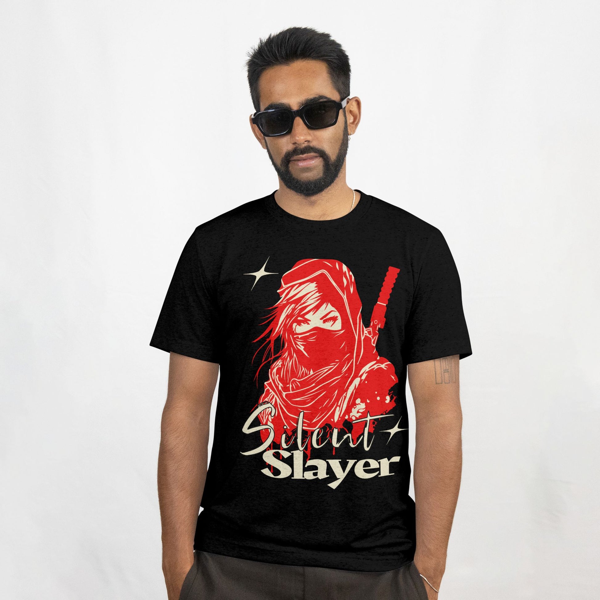 Man wearing a black t-shirt with a red graphic and 'Silent Slayer' text on a white background