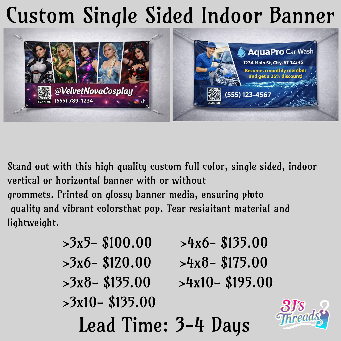 Two custom banners displayed with pricing and product details on a gray background.