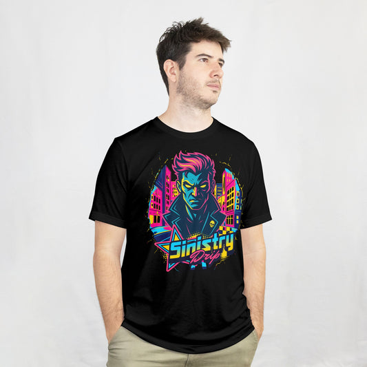 Person wearing a black t-shirt with a colorful graphic design on a white background