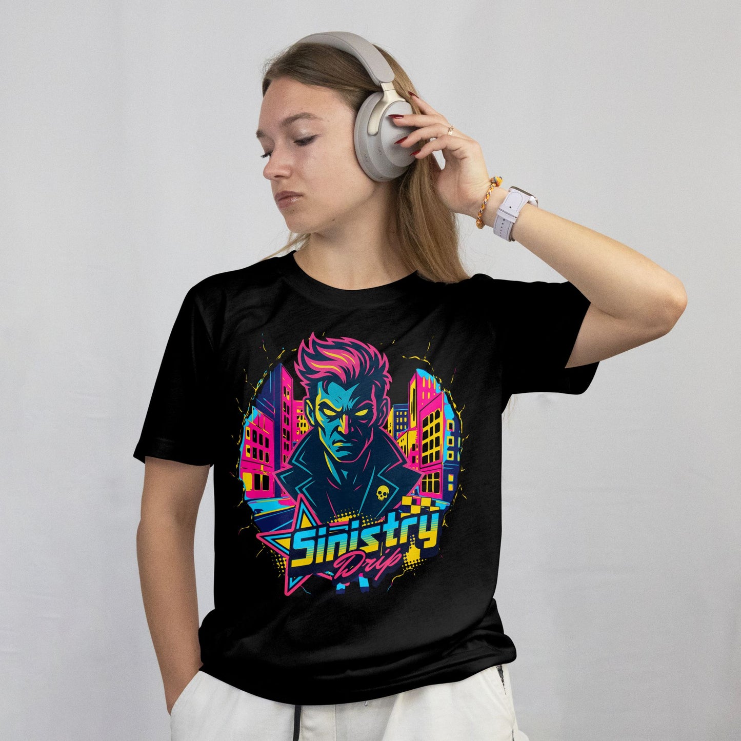 Person wearing a black t-shirt with a colorful graphic design and 'Sinistry Way' text.