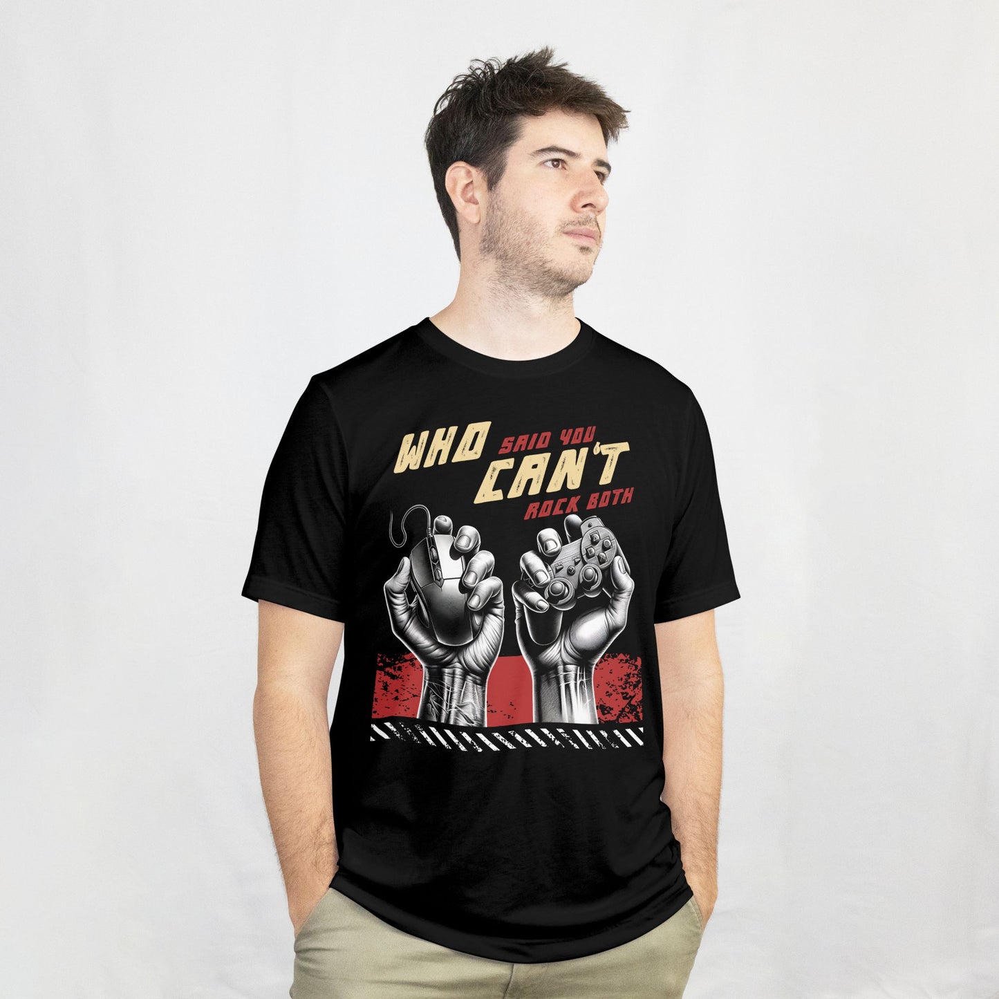 Man wearing a black t-shirt with graphic design and text on a white background