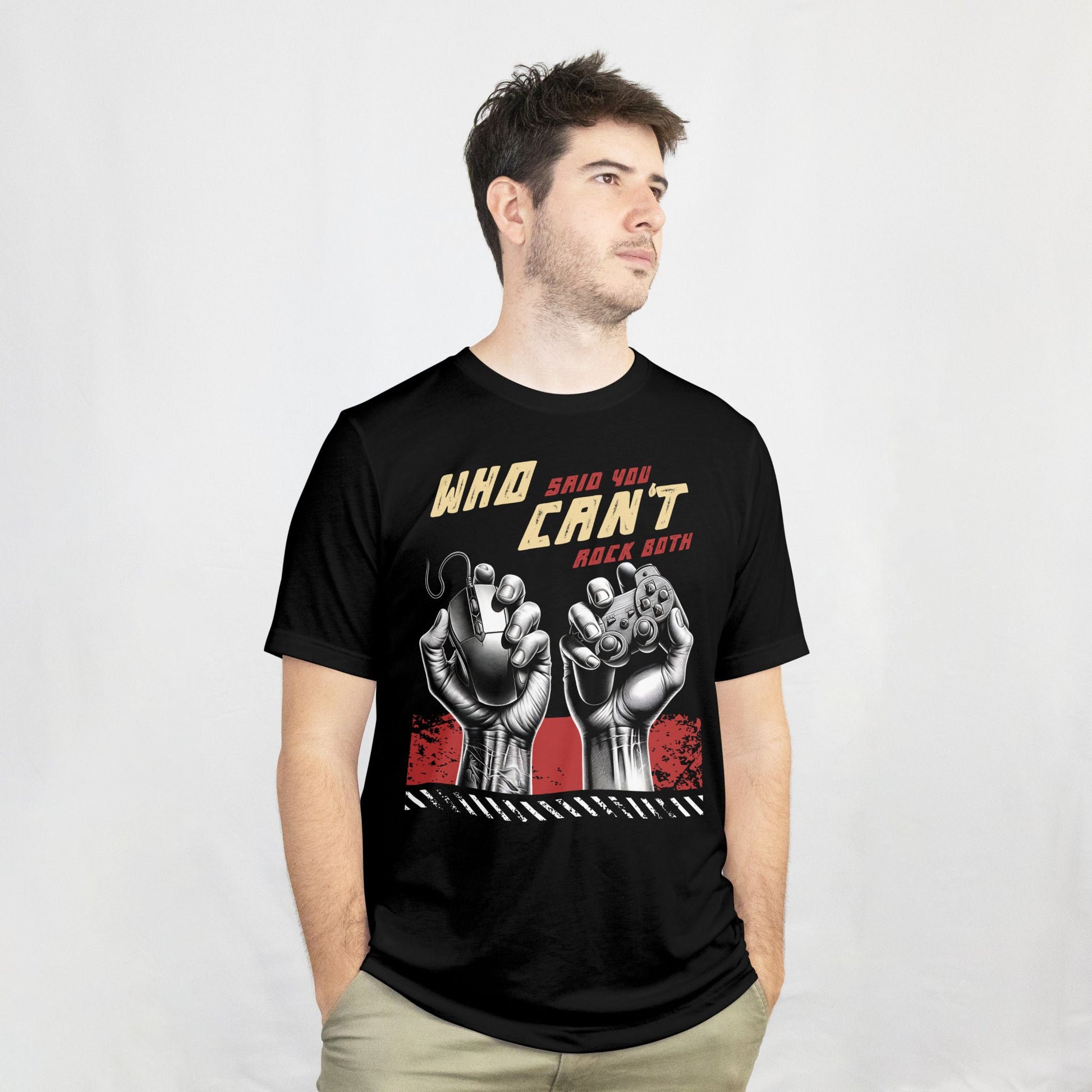 Man wearing a black t-shirt with graphic design and text on a white background