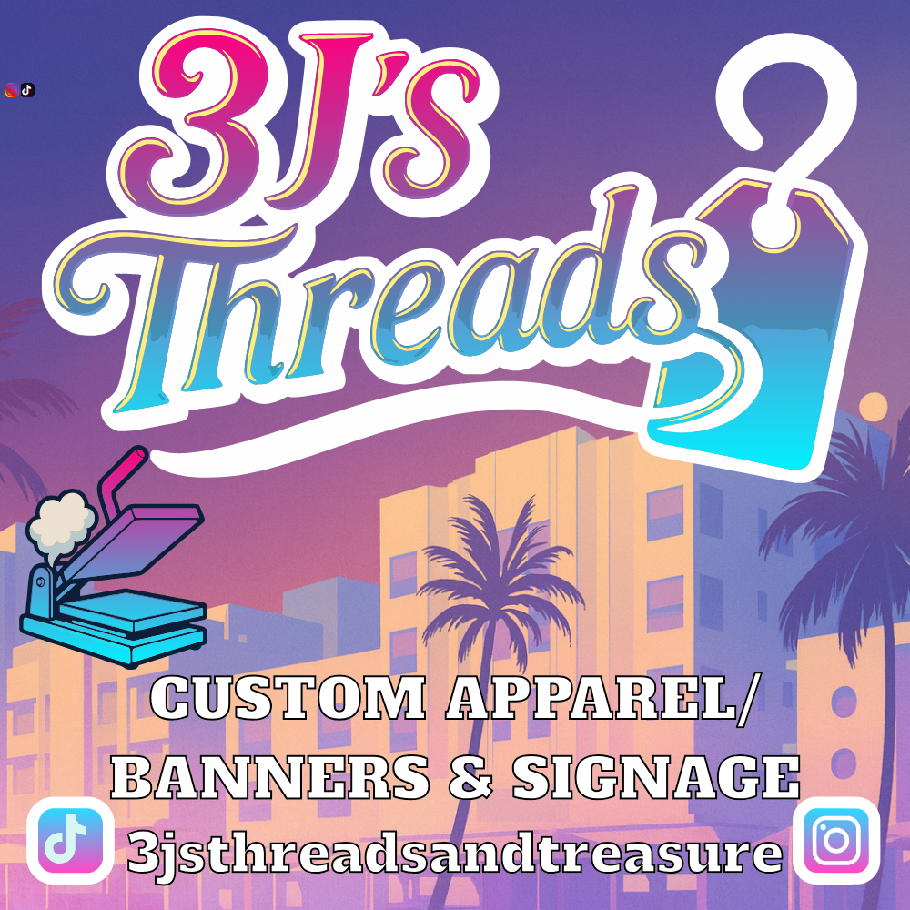 3J's Threads & Treasures bold colorful logo