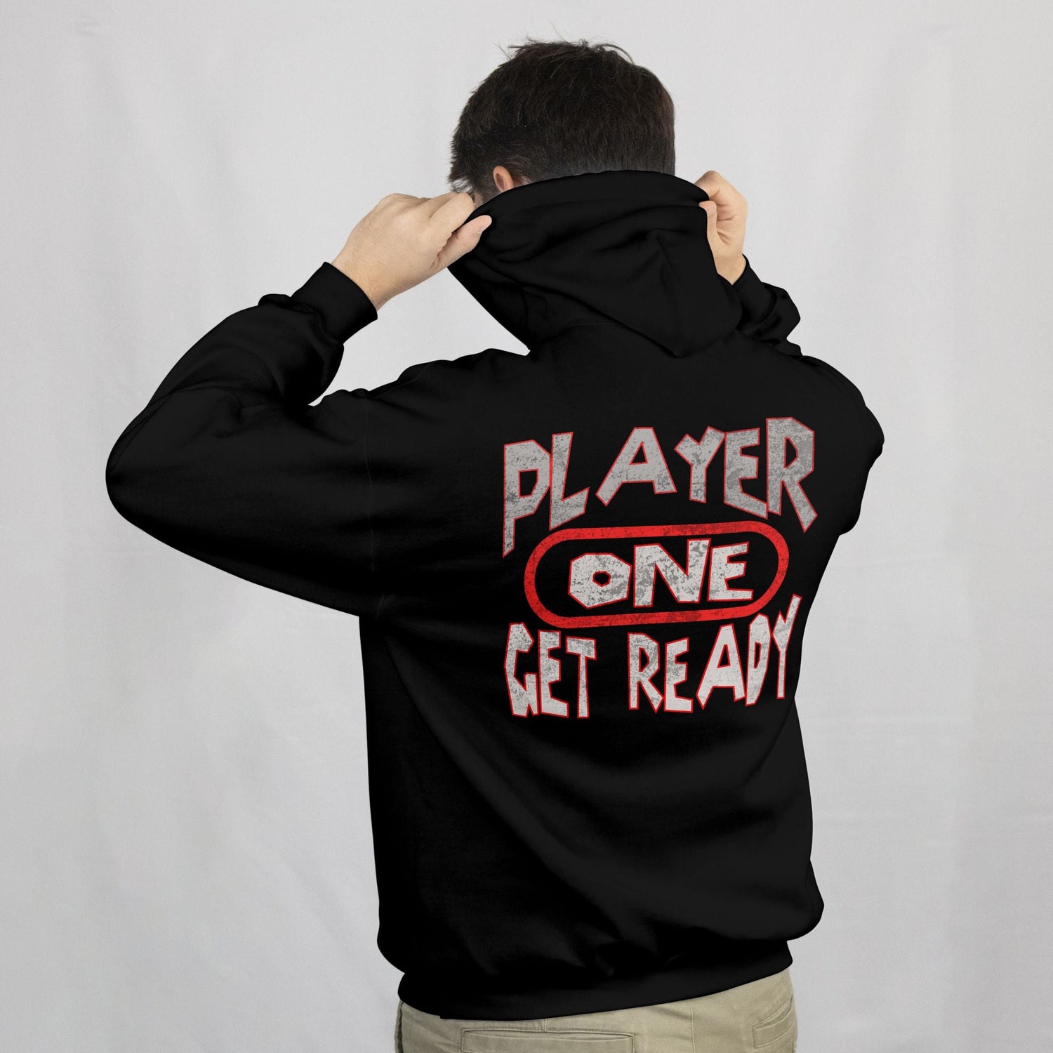 Back view of a white hoodie with a bold graphic of a muscular bull lifting barbells and the text "Built Conquer Thrive" — gym-themed custom hoodie design for fitness lovers.