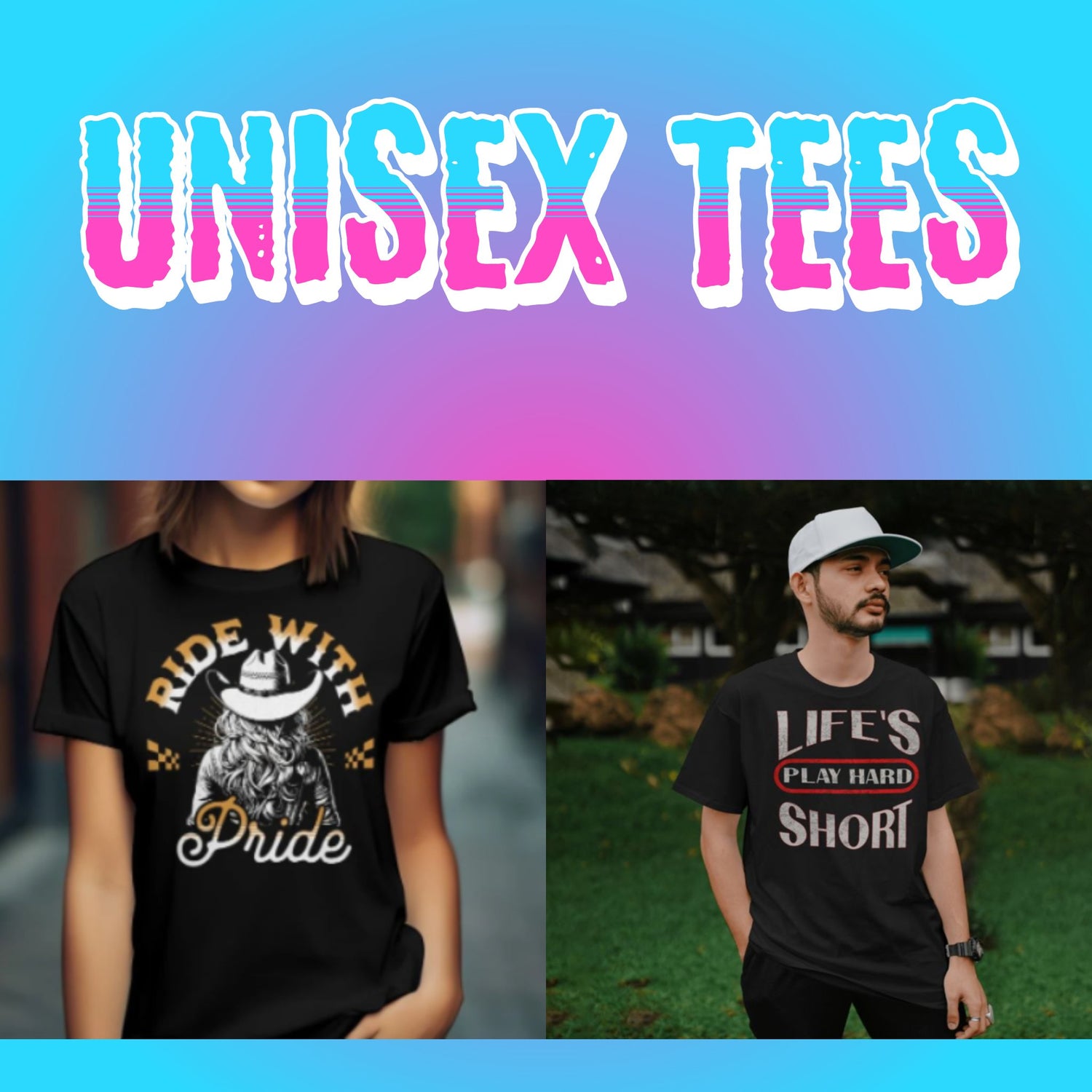 Woman wearing a black graphic t-shirt with a cowgirl hat design and the words "Ride With Pride" in bold western-style font.