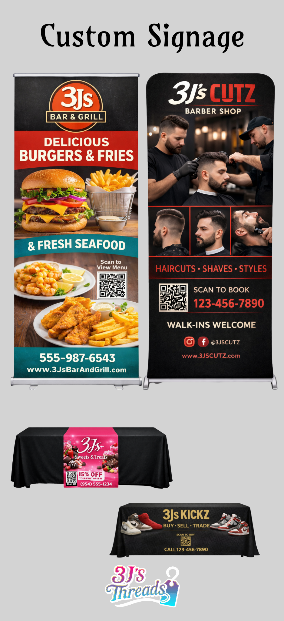 Colorful digital illustration promoting large format printing, featuring a cartoon-style woman with Pikachu ears flexing her arm, a tattoo of a Pokéball, and a speech bubble saying “Where ideas turn into art!” with the 3J’s Threads logo at the bottom.