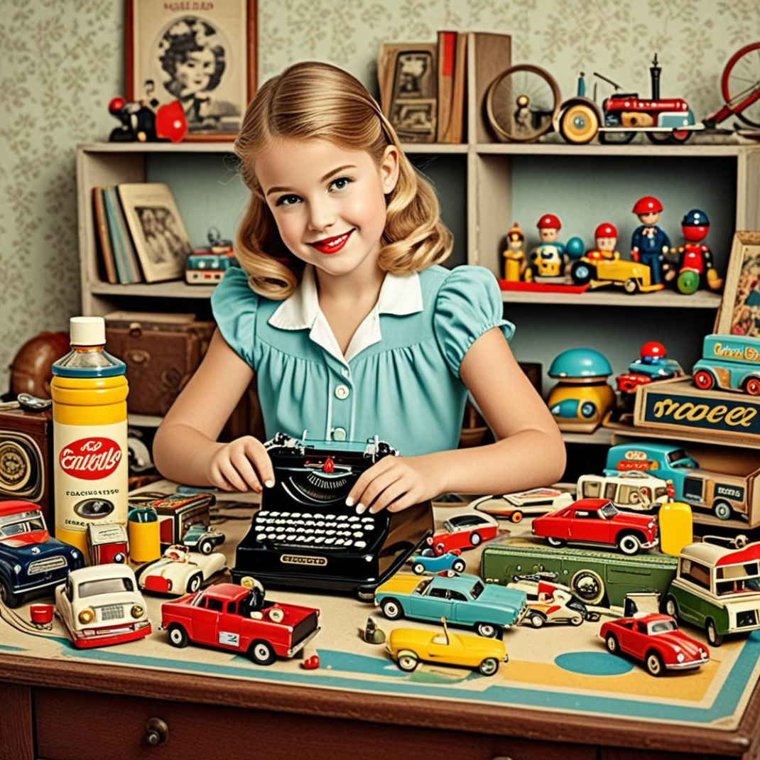 Vintage-style image of a smiling young girl in a teal dress typing on a black typewriter, surrounded by an assortment of colorful antique toy cars and collectibles on a wooden desk, with more retro items displayed on shelves behind her.