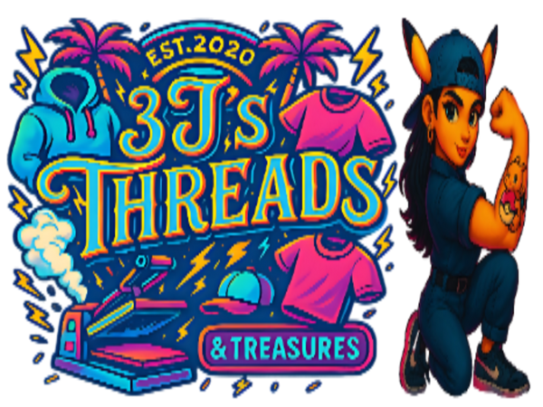 Colorful logo for '3 J's Threads & Treasures' with a character flexing muscles.