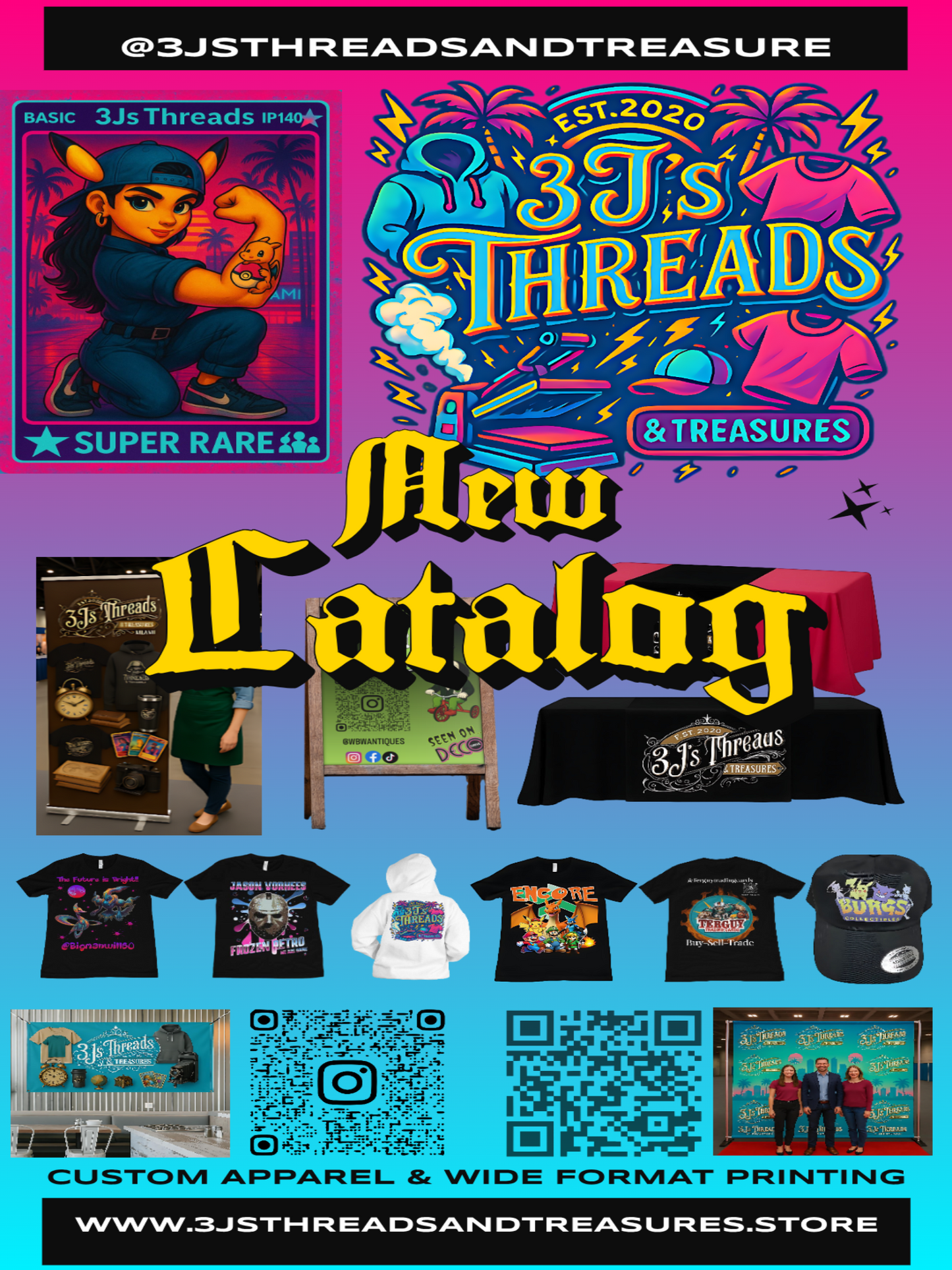 Promotional poster for 3J's Threads & Treasures with colorful graphics and product images on a purple background.