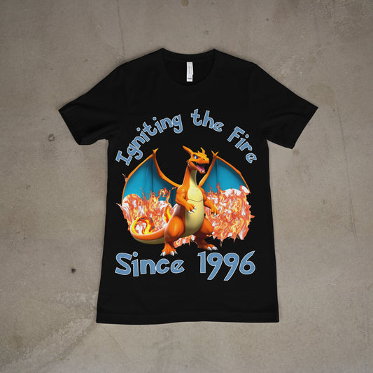 Custom Charizard T-Shirt - 'Igniting The Fire Since 1996' | Perfect for Pokémon Fans!