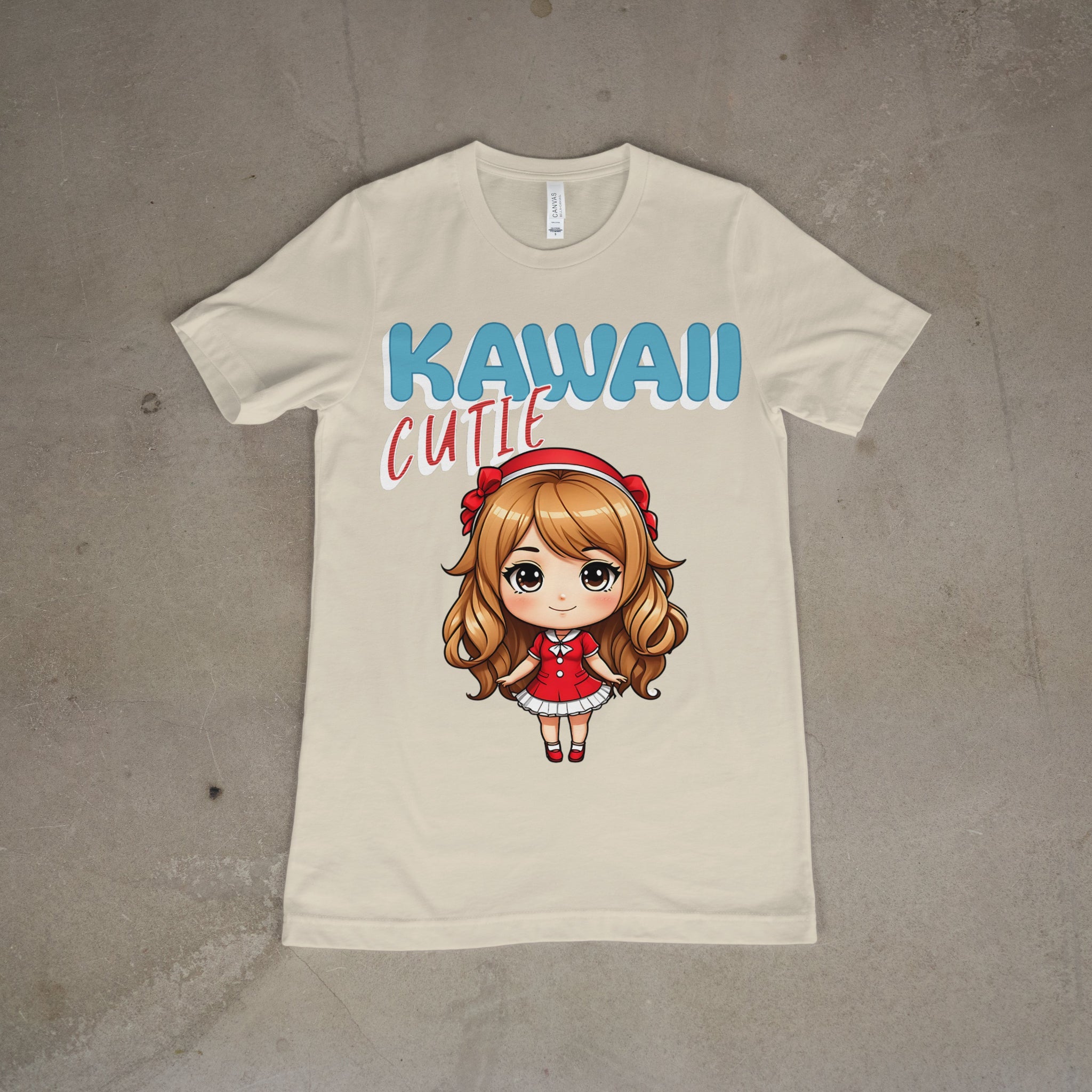 heathered oatmeal, women's graphic t-shirt featuring bold pastel text that says "Kawaii Cutie" in blue, pink, and white, laid flat on a concrete background.